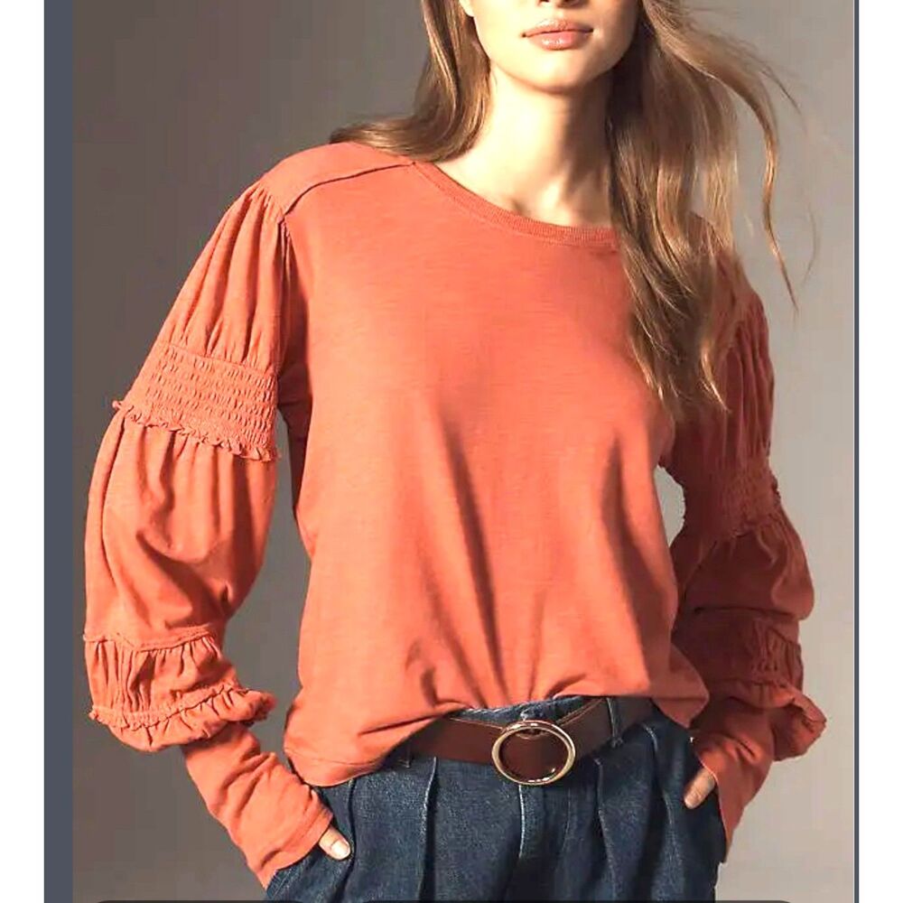 Pilcro-Anthropologie Smocked Ruched Long Sleeves Relaxed Pullover Coral Top M